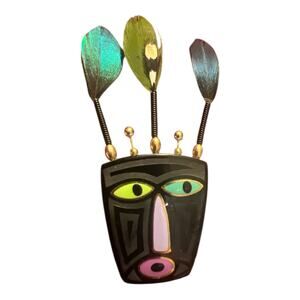 Signed Sandi Borne Brooch Handmade Artisan Pin Mask Face Brooch Feathers Art